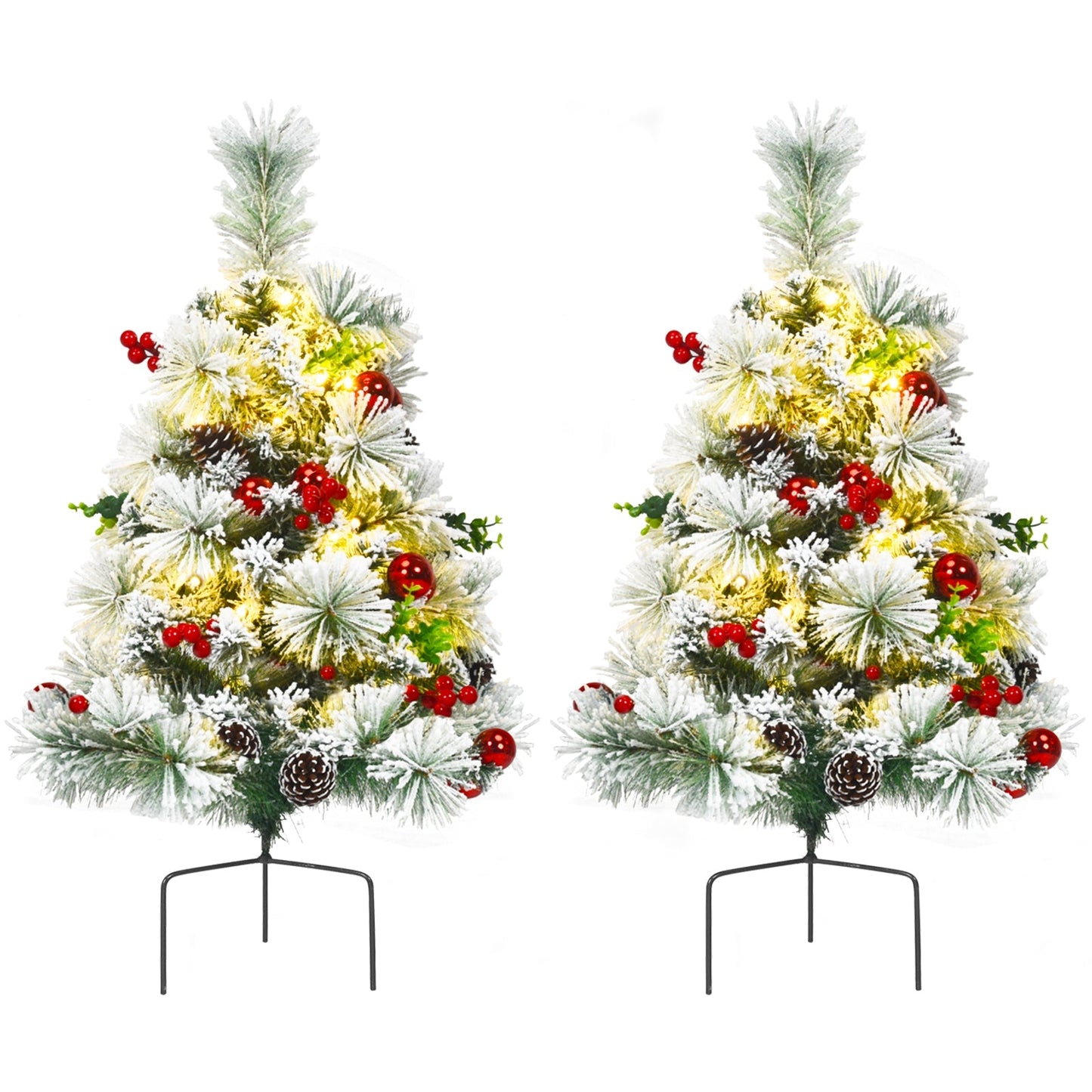 Juego de 2 árboles de Navidad de 2 pies con flocado, preiluminados, a pilas, para caminos