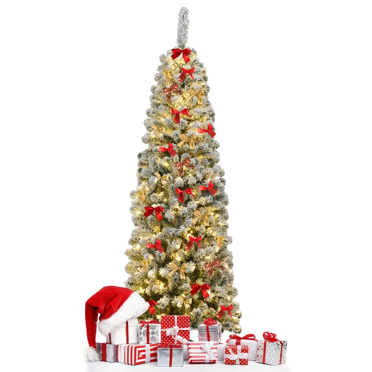 6 ft DirectDeals snow-flocked artificial Christmas tree with 250 LED lights and red/gold bows on Tampa Home & Garden Store