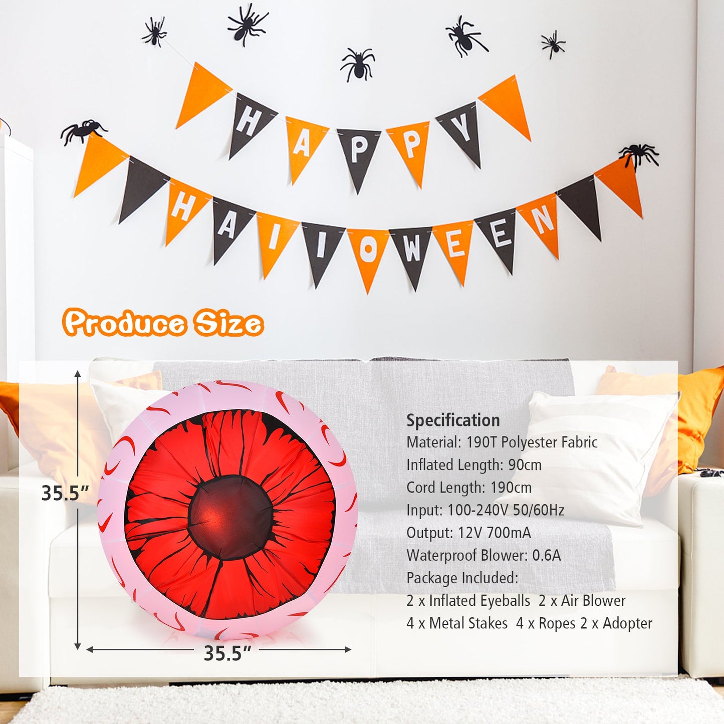 Inflatable Eyeballs with Air Blower Halloween decor; pink eyeball with orange/gray bunting on sofa on Tampa Home & Garden Store