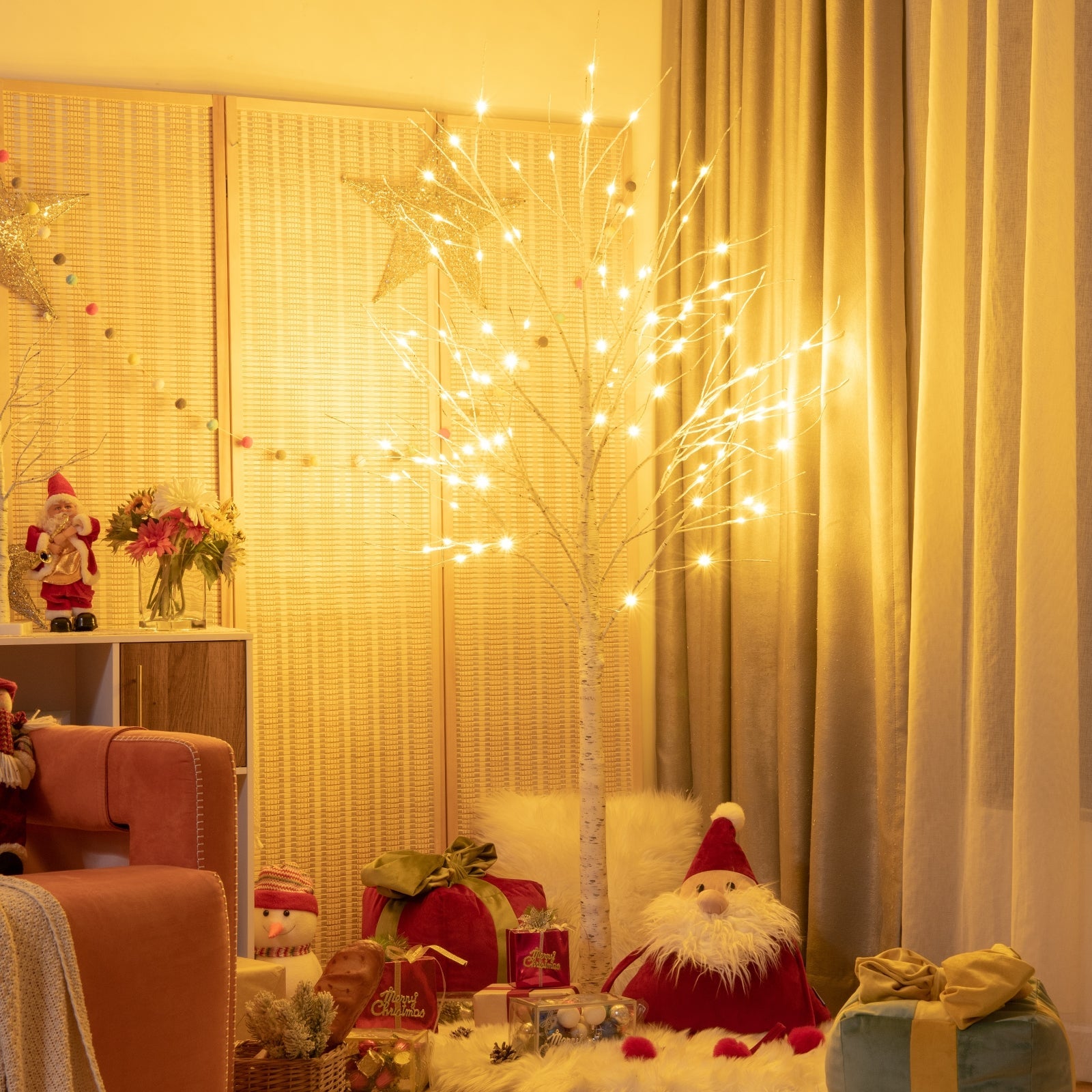 DirectDeals pre-lit white twig birch artificial tree with warm LED lights in living room on Tampa Home & Garden Store