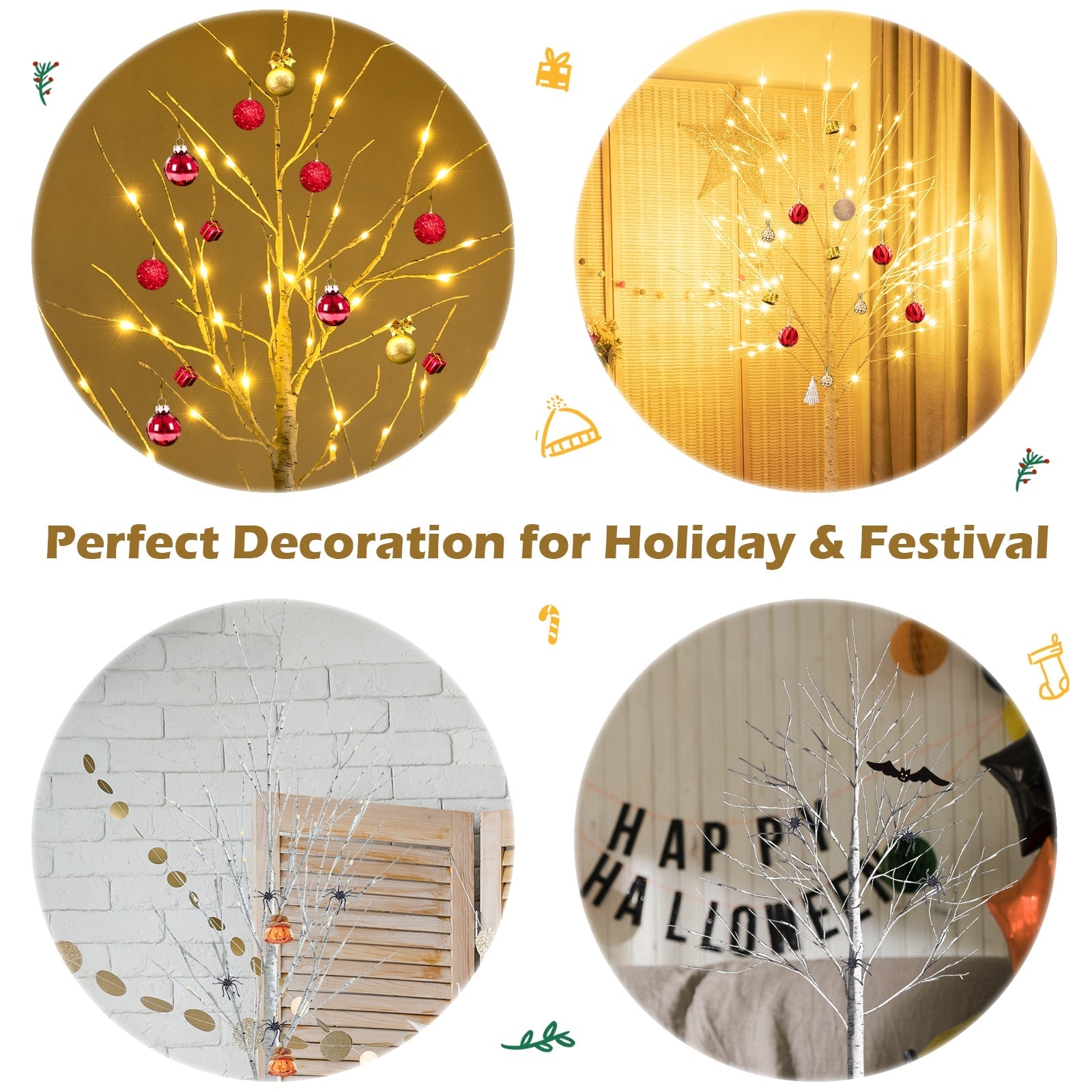 Pre-lit white twig birch tree with warm LED lights, red ornaments, DirectDeals decor on Tampa Home & Garden Store