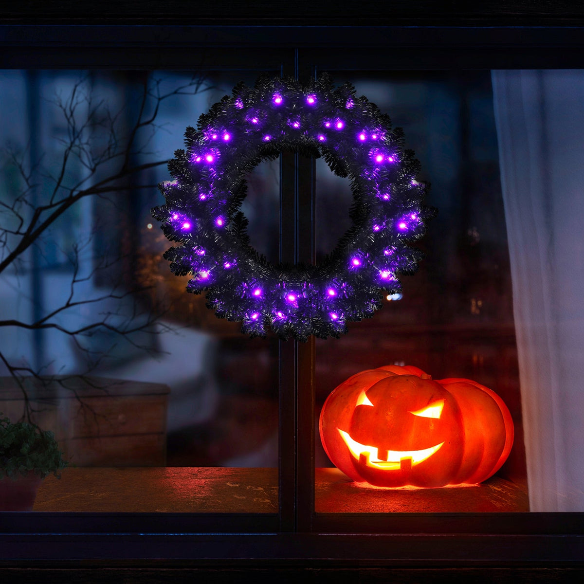 24 Inch Pre-lit Halloween Wreath with 35 Purple LED Lights, black pine, DirectDeals on Tampa Home & Garden Store