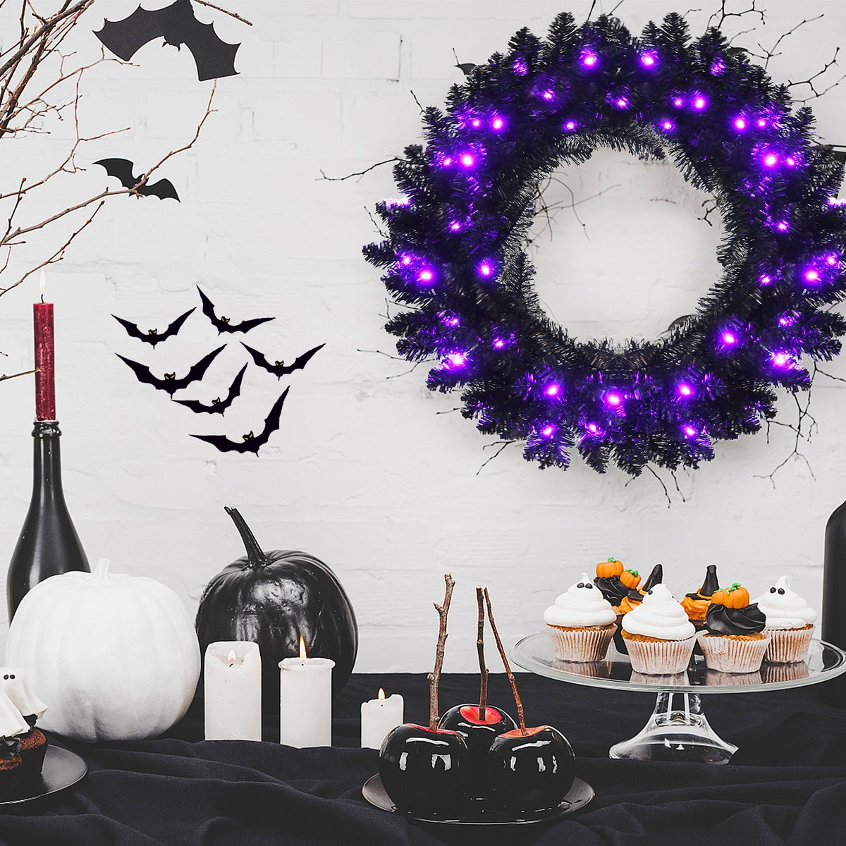 24 Inch Halloween Wreath by DirectDeals, black pine wreath with 35 purple LED lights on Tampa Home & Garden Store
