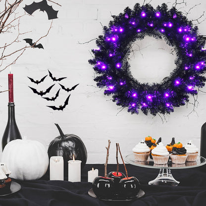 24 Inch Halloween Wreath by DirectDeals, black pine wreath with 35 purple LED lights on Tampa Home & Garden Store