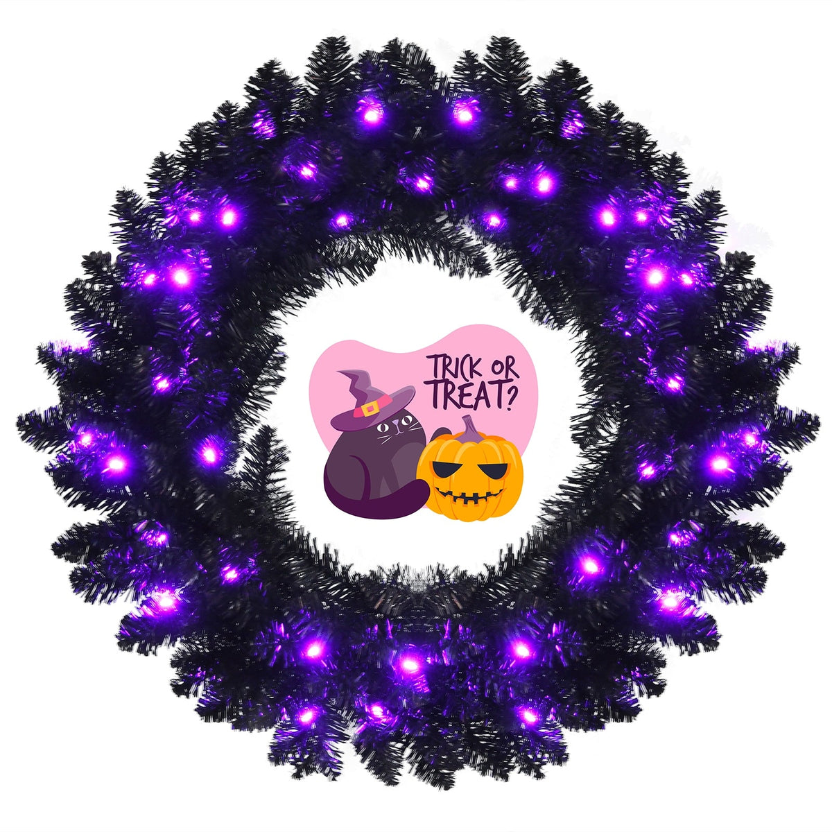 DirectDeals 24-inch pre-lit Halloween wreath with purple LED lights on black faux pine; on Tampa Home & Garden Store
