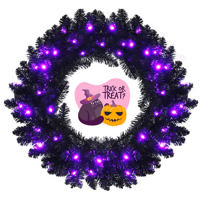 DirectDeals 24-inch pre-lit Halloween wreath with purple LED lights on black faux pine; on Tampa Home & Garden Store