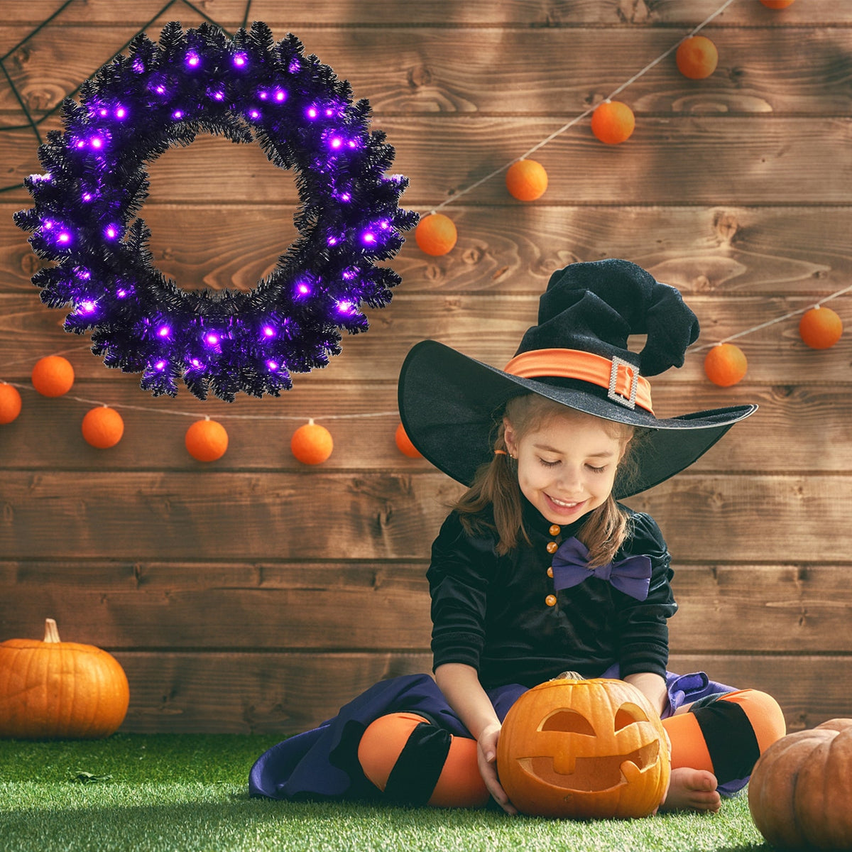 24 Inch Pre-lit Halloween Wreath with 35 Purple LED Lights black pine wreath DirectDeals on Tampa Home & Garden Store