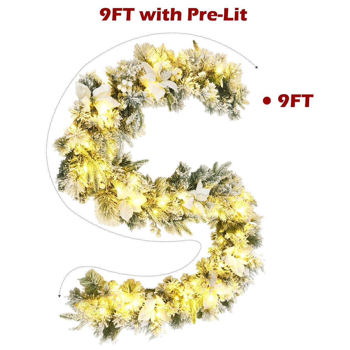 9 ft pre-lit artificial Christmas garland with 50 LED lights, snow-dusted evergreen on Tampa Home & Garden Store