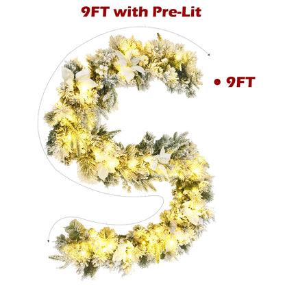 9 ft pre-lit artificial Christmas garland with 50 LED lights, snow-dusted evergreen on Tampa Home & Garden Store