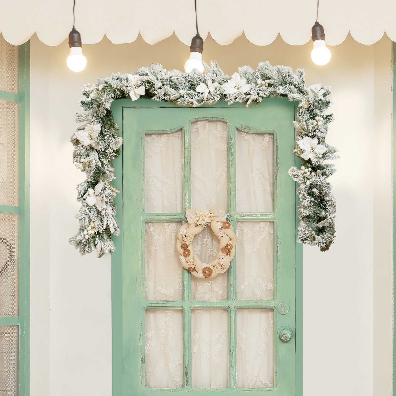 9 Feet Pre-Lit Artificial Christmas Garland with 50 LED Lights frosted pine around green door on Tampa Home & Garden Store
