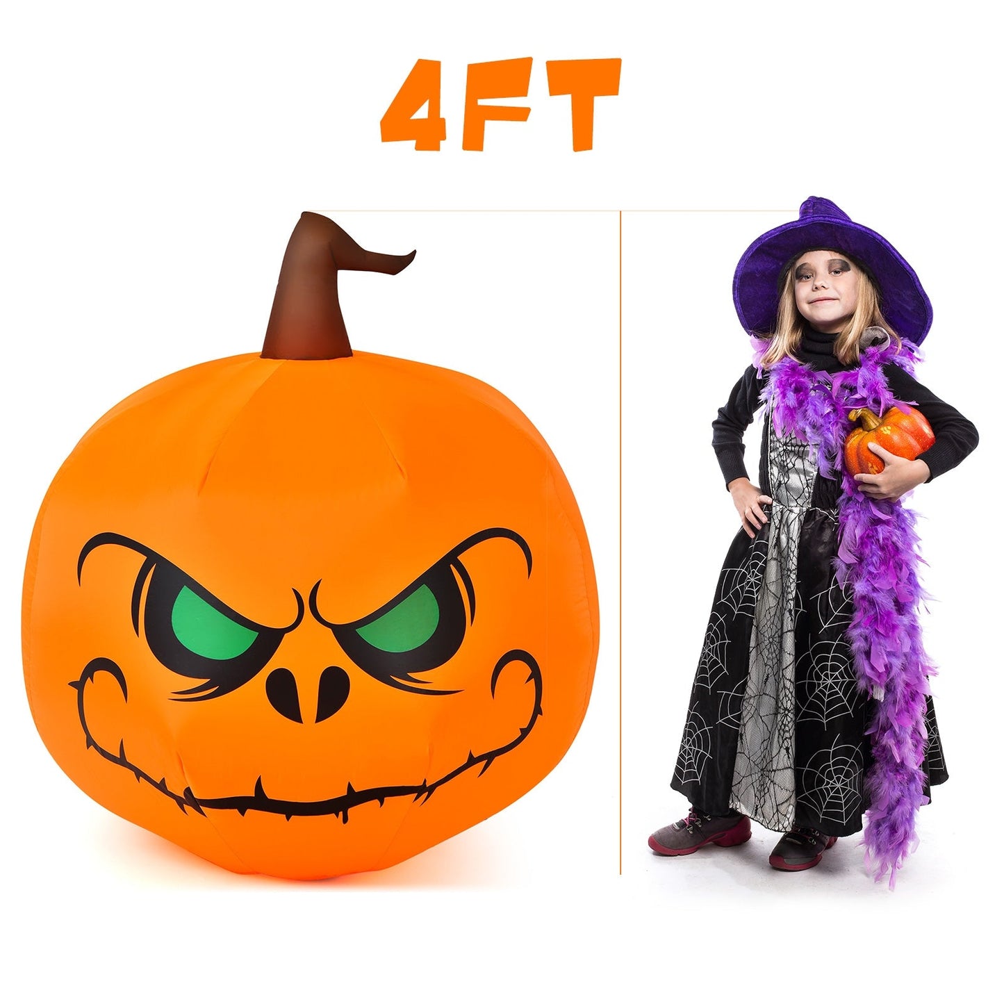 4 ft Halloween inflatable pumpkin with LED DirectDeals witch girl shown on Tampa Home & Garden Store