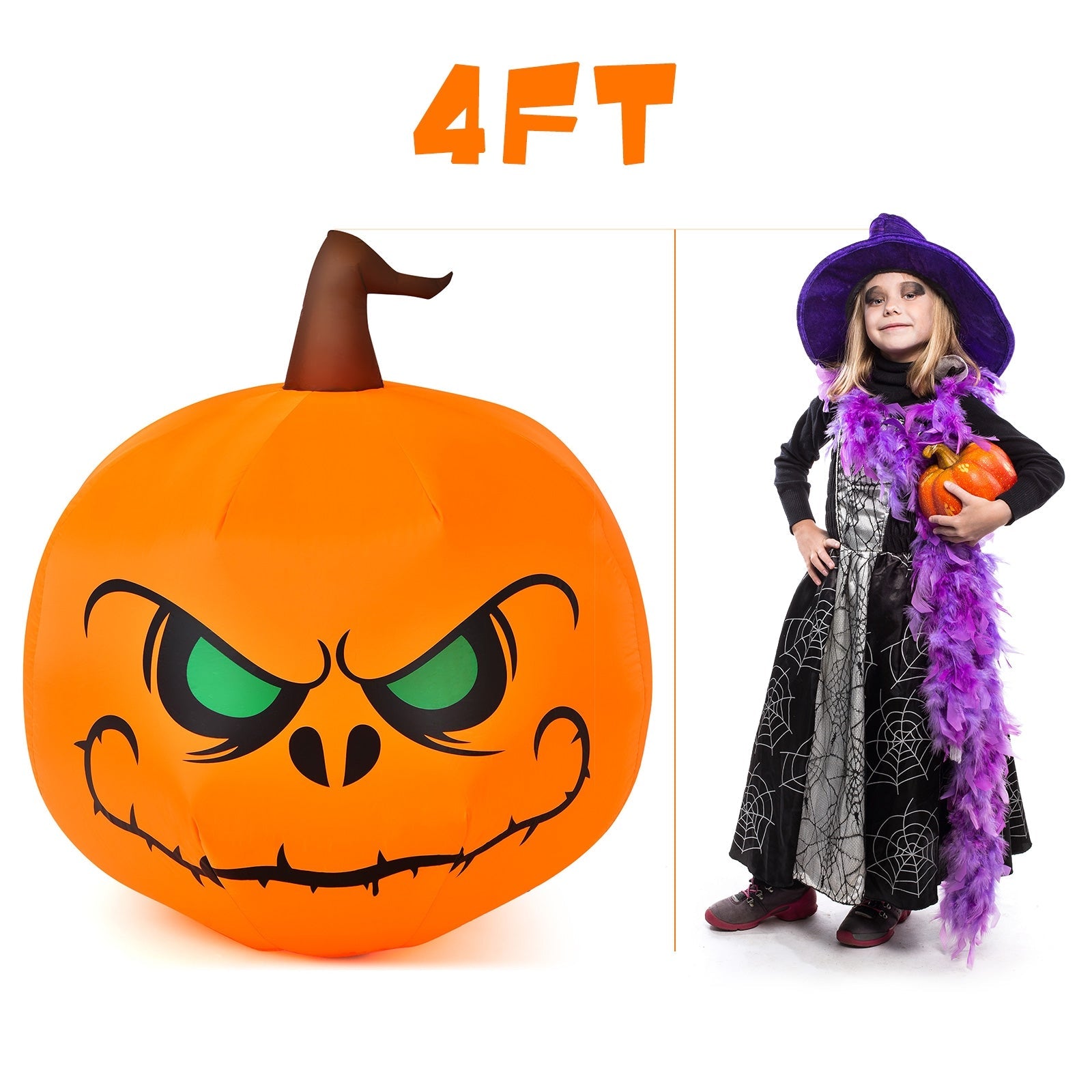 4 ft Halloween inflatable pumpkin with LED DirectDeals witch girl shown on Tampa Home & Garden Store