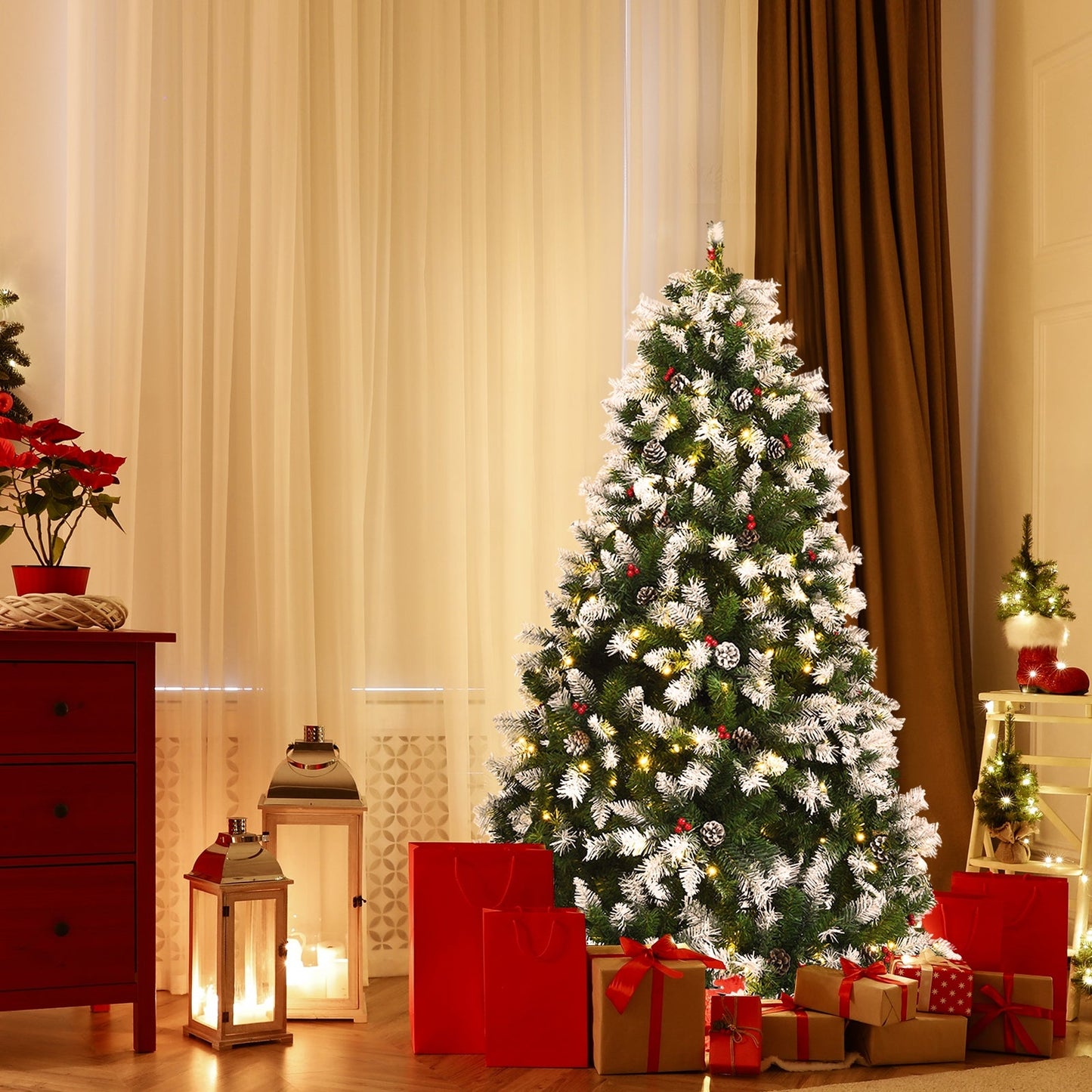 Árbol de Navidad nevado preiluminado con bayas rojas y luces LED - 1.83 m