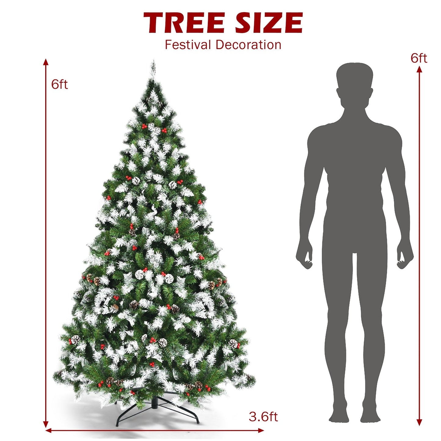 Árbol de Navidad nevado preiluminado con bayas rojas y luces LED - 1.83 m