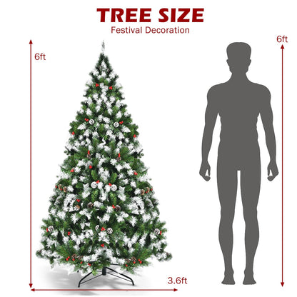 Árbol de Navidad nevado preiluminado con bayas rojas y luces LED - 1.83 m