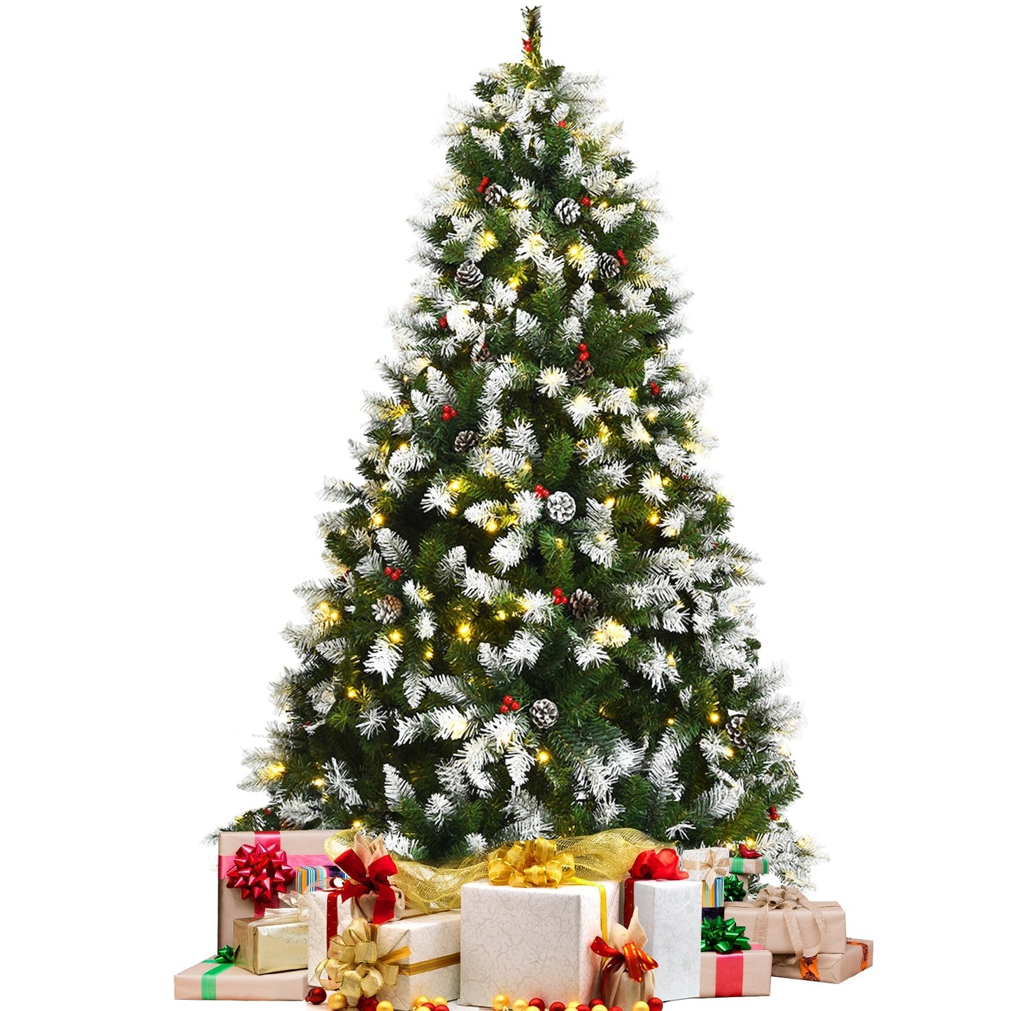 Árbol de Navidad nevado preiluminado con bayas rojas y luces LED - 1.83 m