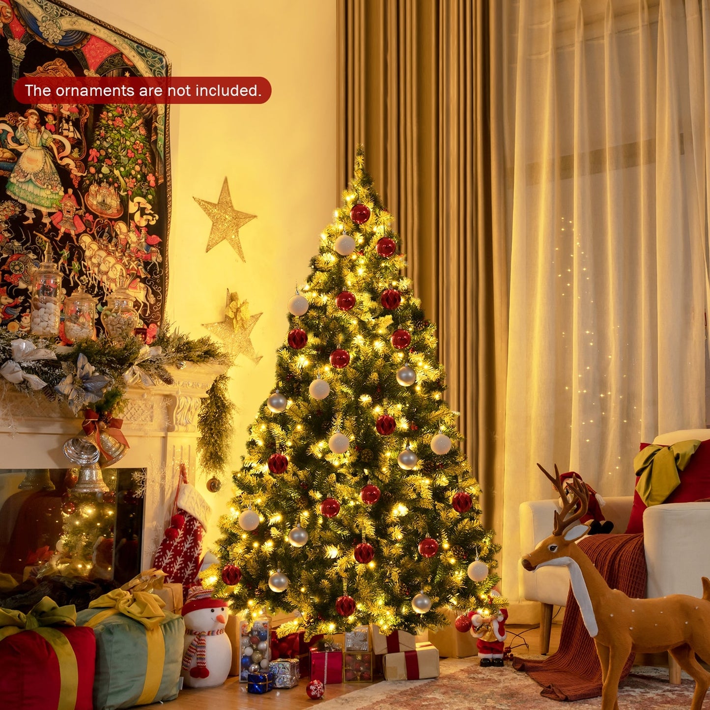 Árbol de Navidad nevado preiluminado con bayas rojas y luces LED - 1.83 m