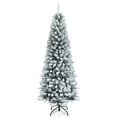 Snow-Flocked Hinged Artificial Christmas Pencil Tree with Mixed Tips-7.5 ft