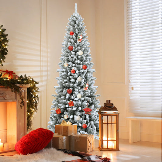 Snow-Flocked Hinged Artificial Christmas Pencil Tree with Mixed Tips-7.5 ft - Tampa Home & Garden Store