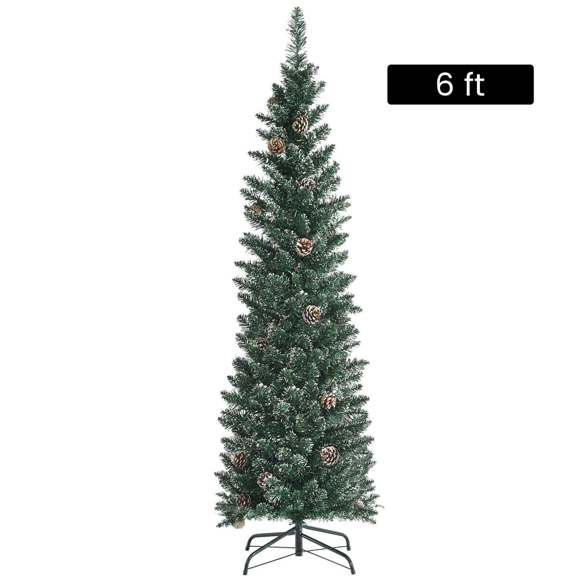 Snowy artificial pencil Christmas tree DirectDeals with pine cones, 6 ft, green flocked on Tampa Home & Garden Store