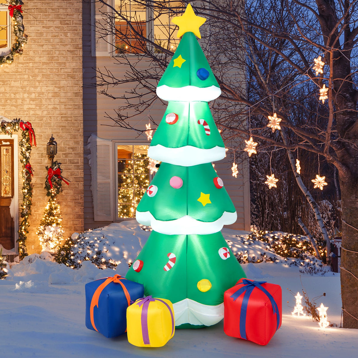 6 ft inflatable Christmas tree by DirectDeals with 3 gift boxes, green star and candy canes on Tampa Home & Garden Store