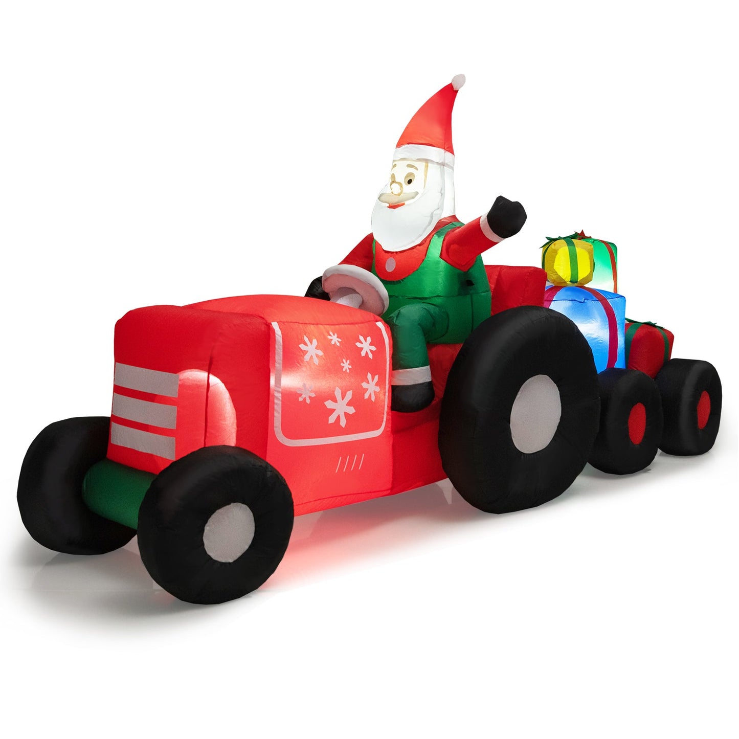 9 ft Santa Claus inflatable on a red tractor with colorful gift boxes; lawn ornament on Tampa Home & Garden Store