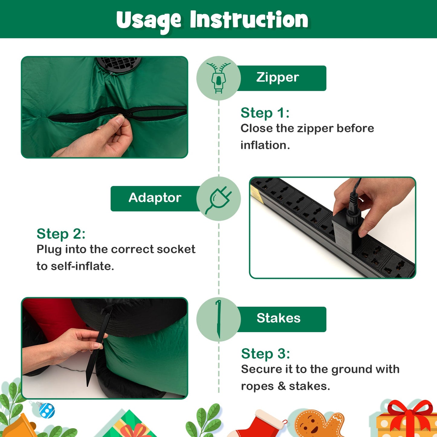 9 ft DirectDeals Santa inflatable lawn ornament setup guide: zipper, adaptor, outlet, stakes on Tampa Home & Garden Store