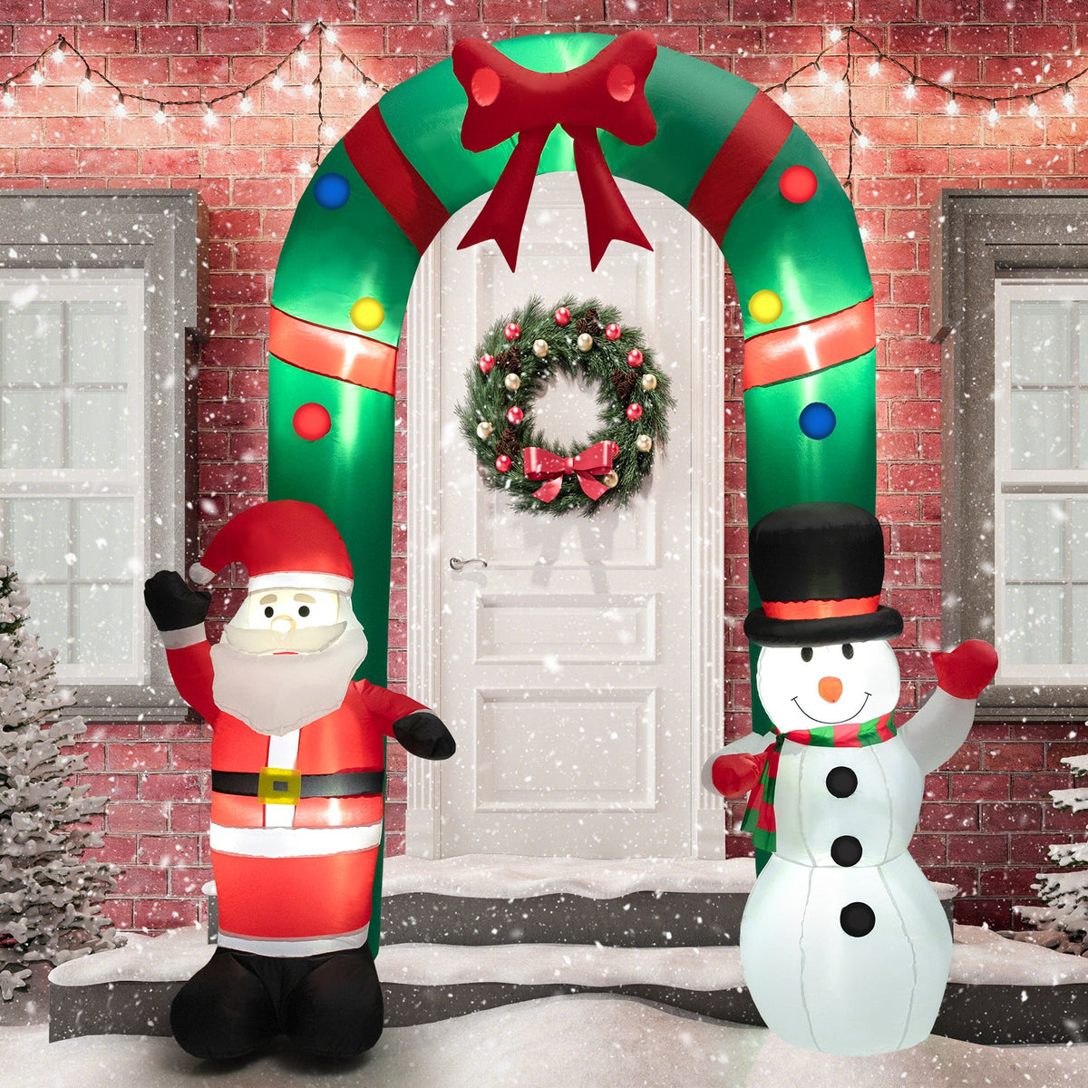 8 ft inflatable archway with Santa and snowman figures, green-red arch for festive entrance on Tampa Home & Garden Store