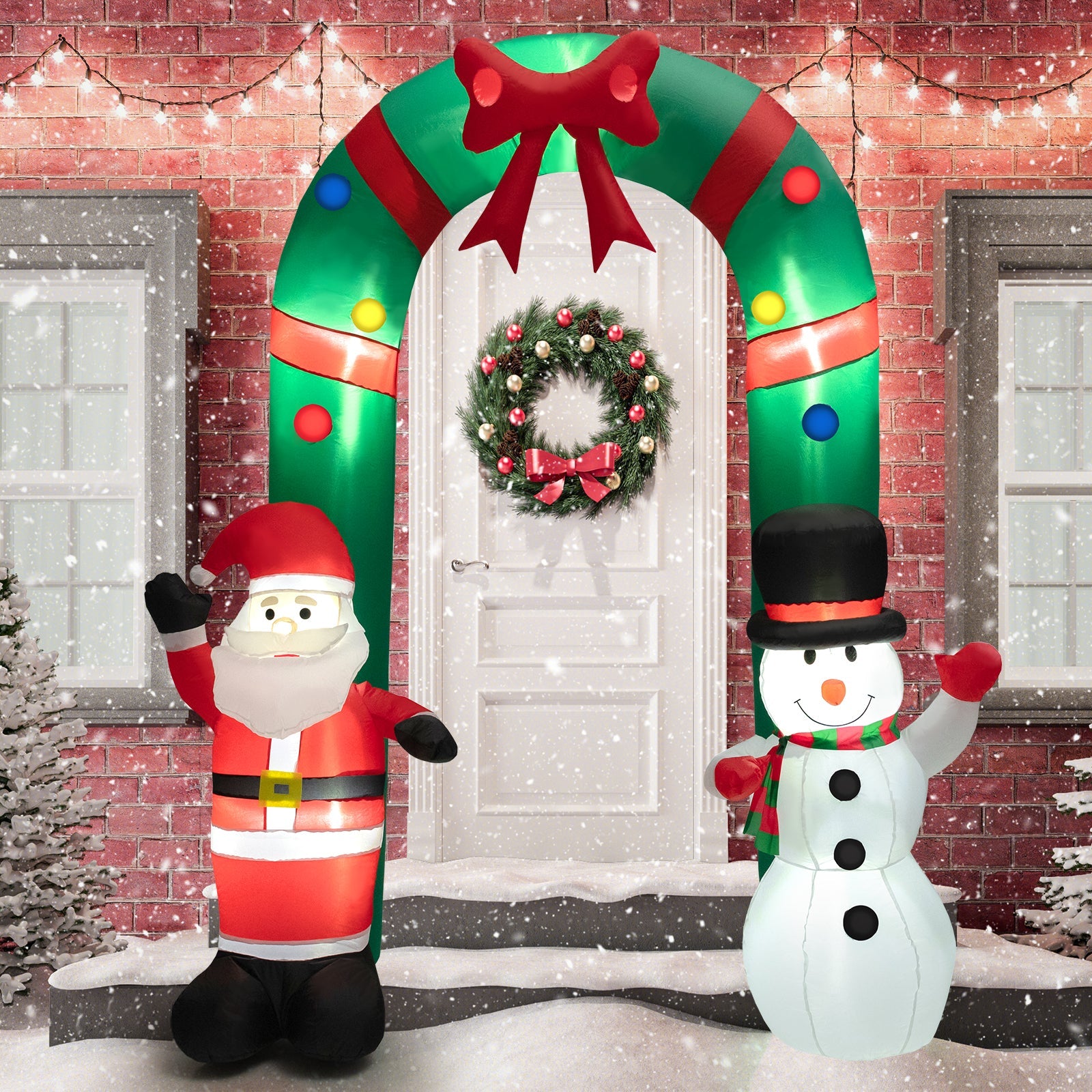 8 ft inflatable archway with Santa and snowman figures, green-red arch for festive entrance on Tampa Home & Garden Store