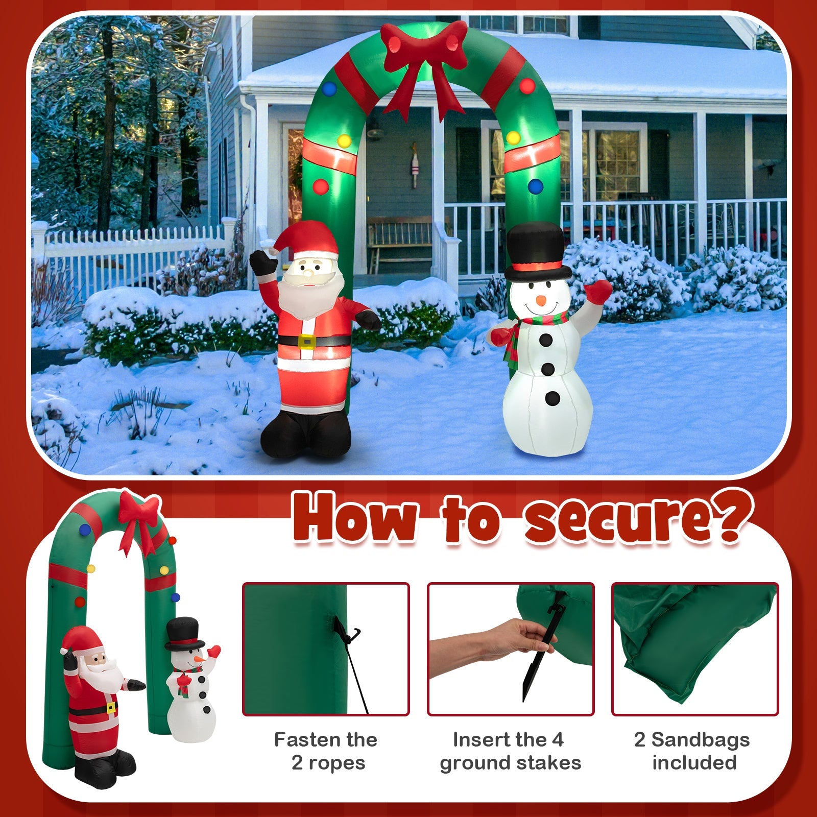 8 ft Christmas inflatable archway with Santa and snowman, green arch with red bow DirectDeals on Tampa Home & Garden Store