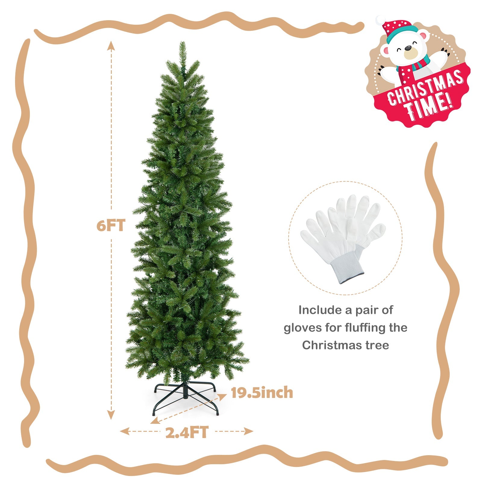 6 ft pre-lit pencil Christmas tree with 648 PVC/PE tips on metal stand gloves included on Tampa Home & Garden Store