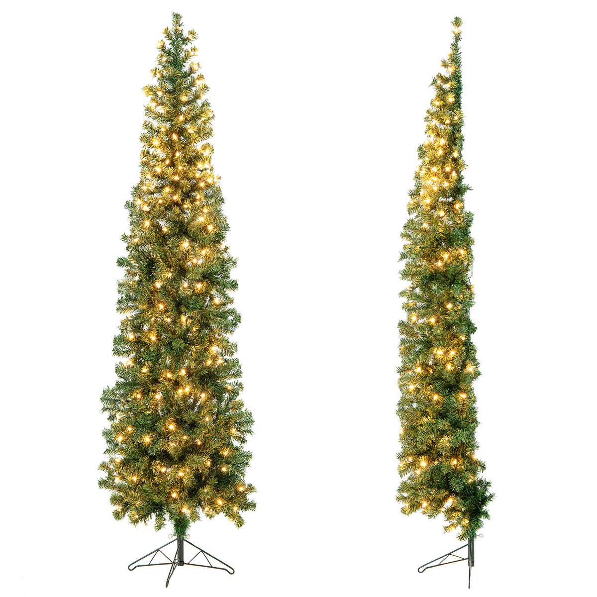 Two 7-foot prelit half-shape Christmas trees with 150 warm white lights on metal stands on Tampa Home & Garden Store