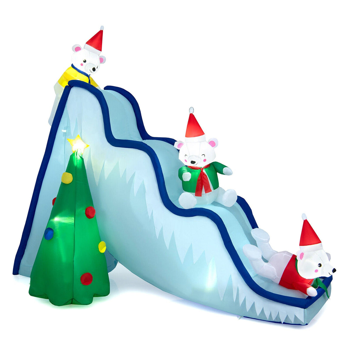 9 ft inflatable polar bear slide scene with LED lights on icy blue ramp on Tampa Home & Garden Store