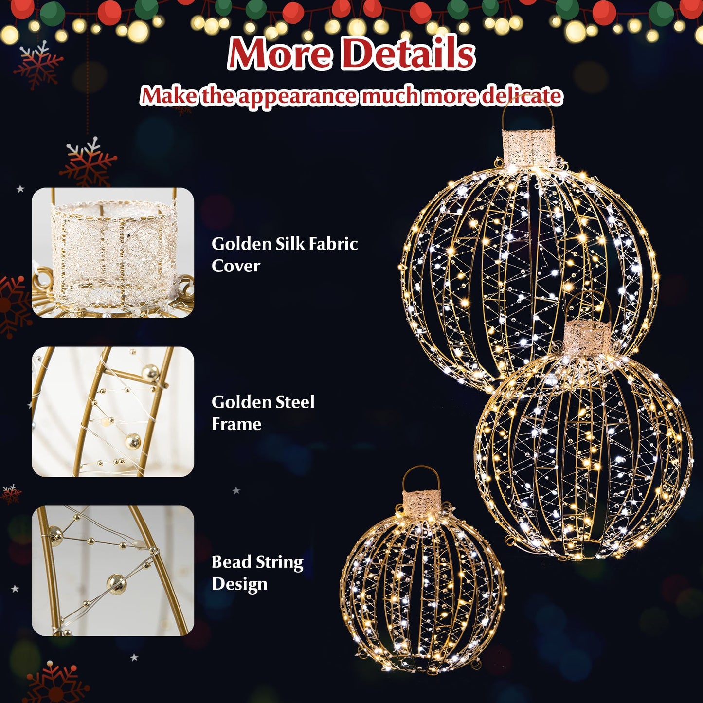 3-pack golden LED Christmas light balls by DirectDeals with silk fabric covers on Tampa Home & Garden Store