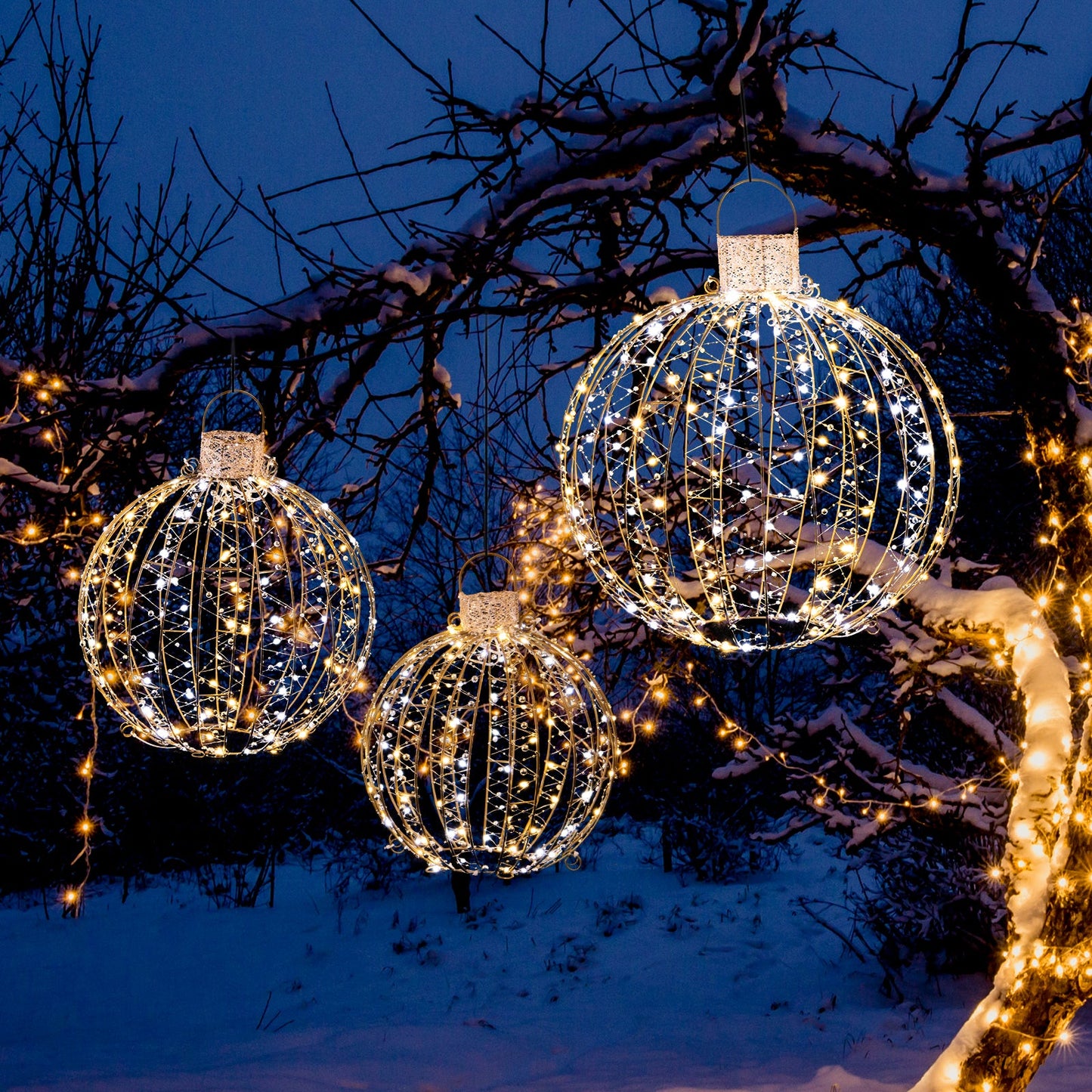 3-pack Christmas LED light balls with cable ties and 6 stakes, golden wire frames lit DirectDeals on Tampa Home & Garden Store
