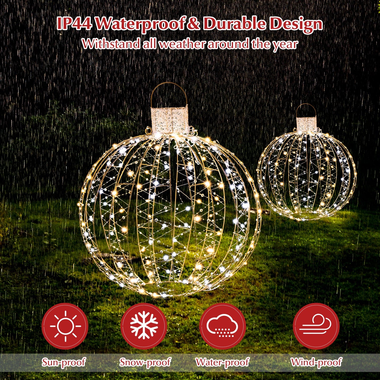 3-pack Christmas LED light balls with golden wire frames warm LEDs, cable ties and 6 stakes on Tampa Home & Garden Store