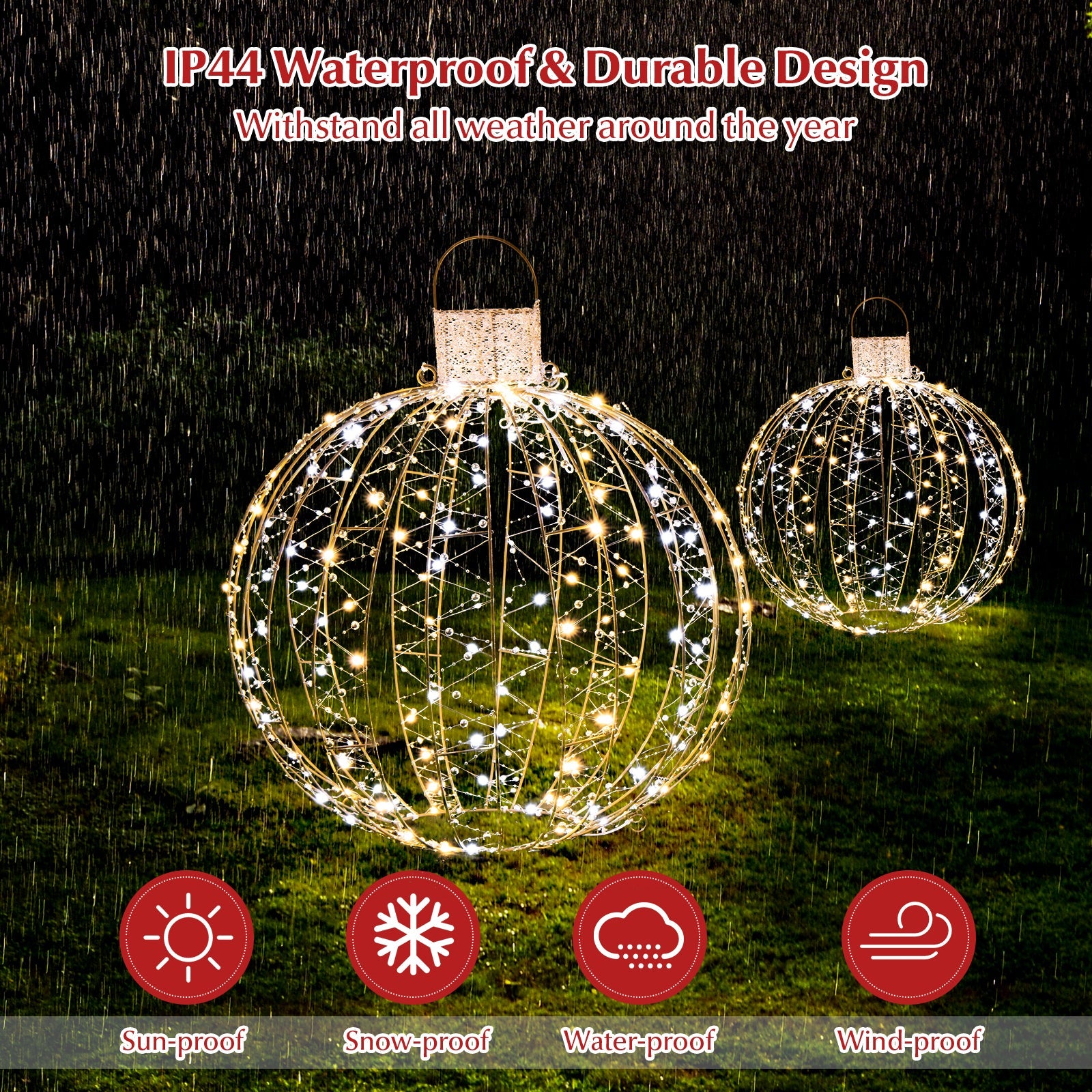 3-pack Christmas LED light balls with golden wire frames warm LEDs, cable ties and 6 stakes on Tampa Home & Garden Store