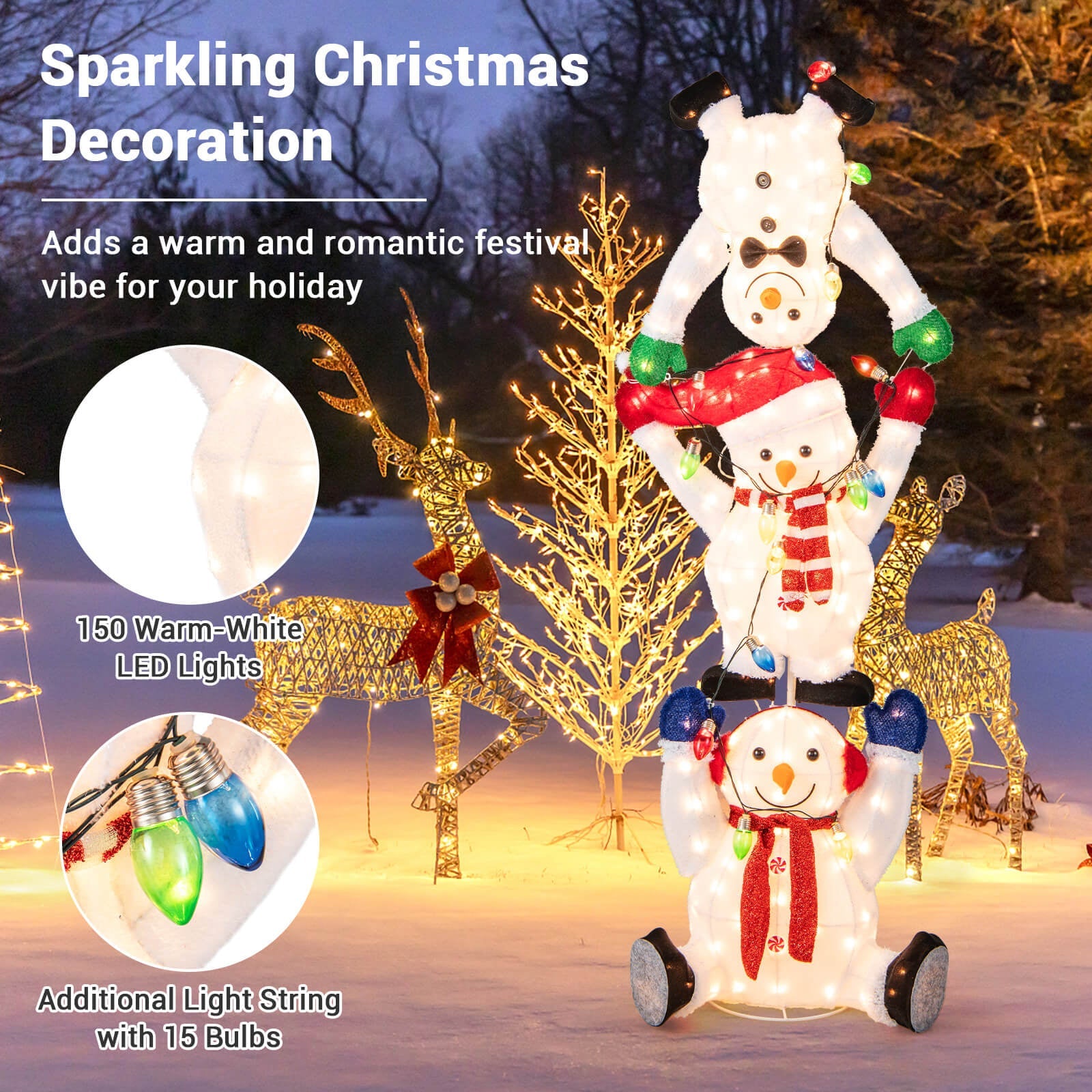 5.6 Feet Lighted Stacked Snowmen Christmas Decoration by DirectDeals with 150 warm-white LEDs on Tampa Home & Garden Store