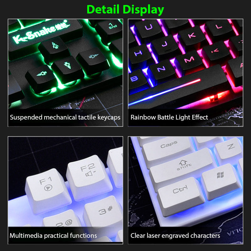 KM320 keyboard with suspended mechanical tactile keycaps and green backlight on Tampa Home & Garden Store
KM320 keyboard with rainbow RGB backlight and battle light effect on Tampa Home & Garden Store
KM320 keyboard with multimedia function keys and white keycaps under blue LED on Tampa Home & Garden Store
KM320 keyboard with clear laser engraved characters on white keys under blue LED on Tampa Home & Garden Store