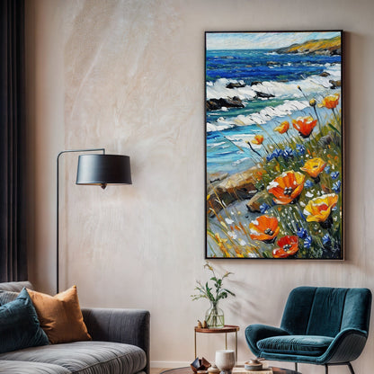 Canvas Print Coastal Blooms by Tailored Canvases; vivid sea waves and bright orange flowers on Tampa Home & Garden Store
