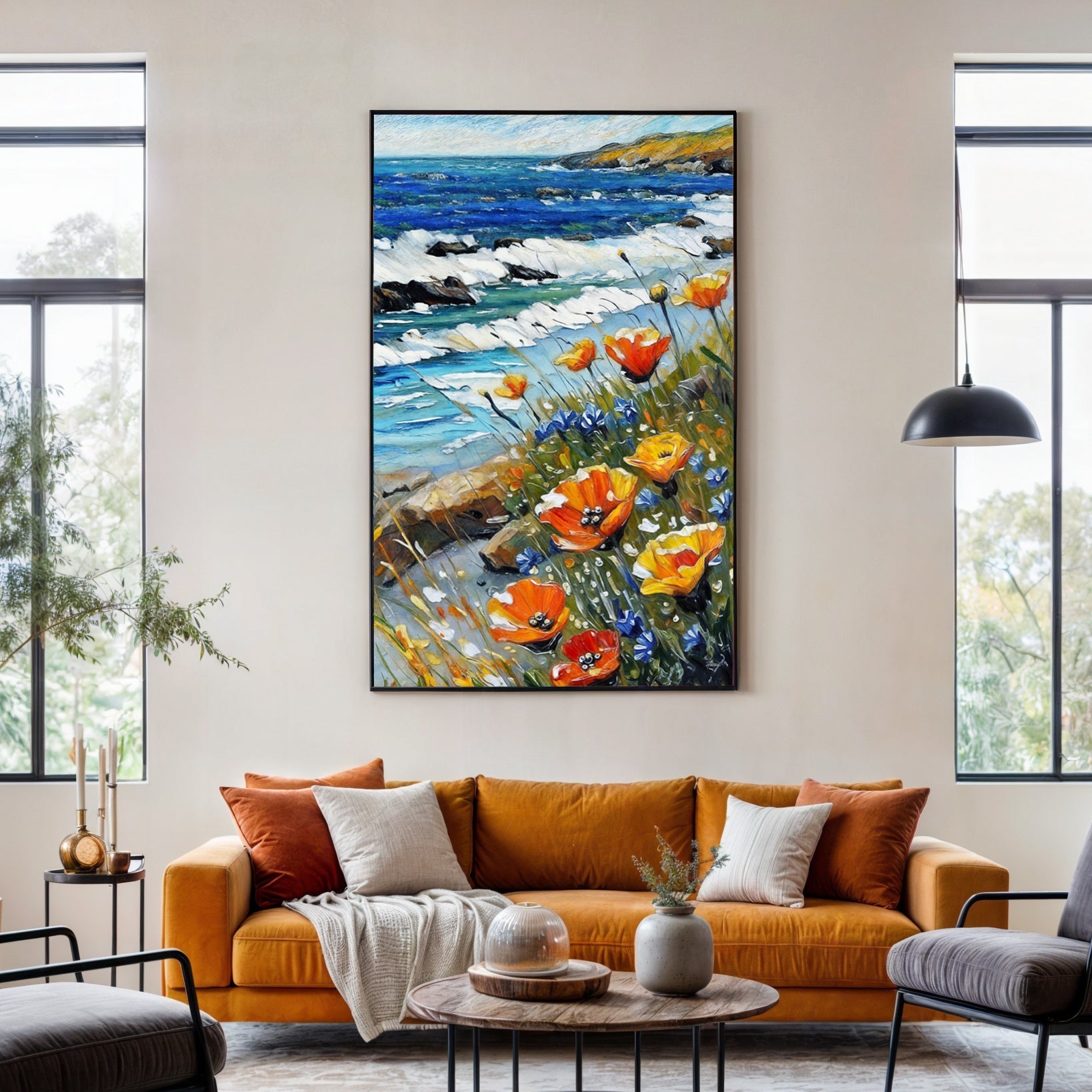 Canvas Print Coastal Blooms Tailored Canvases; orange flowers, blue sea on Tampa Home & Garden Store