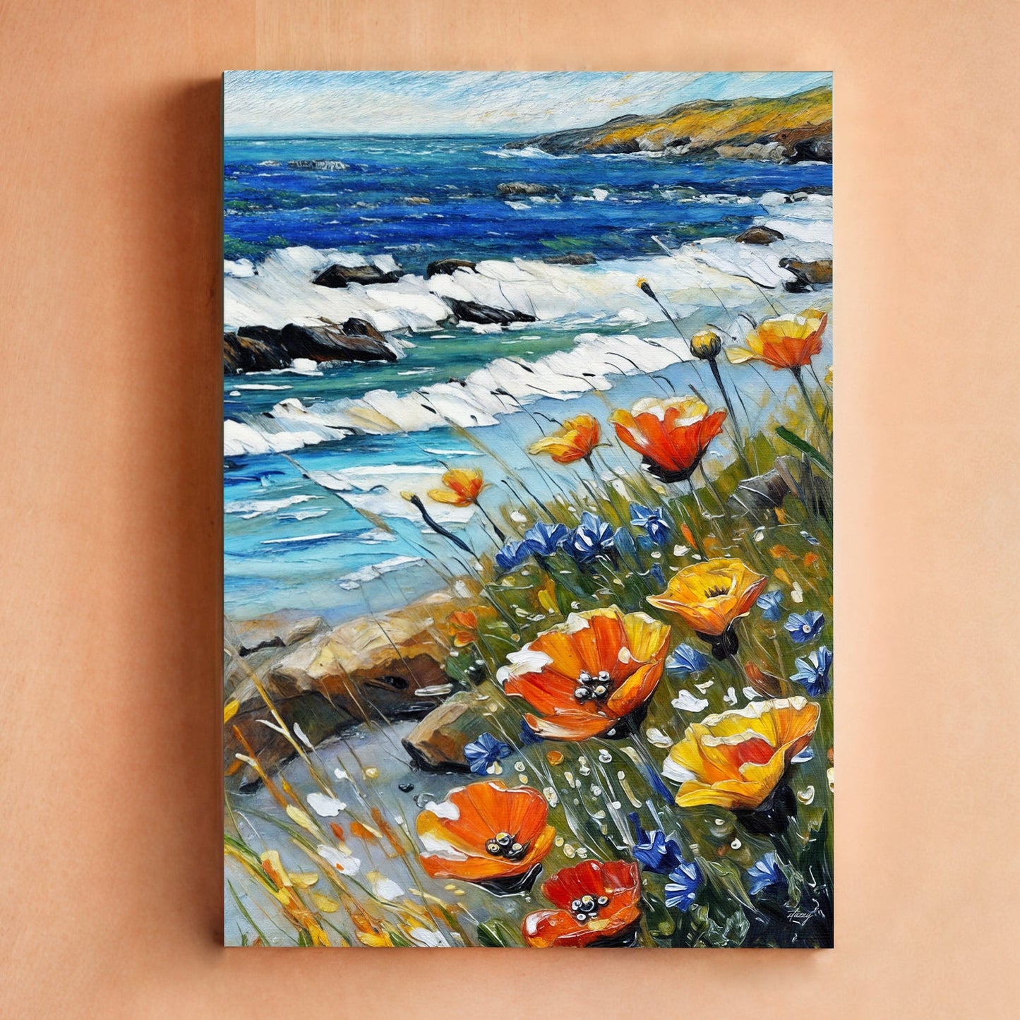 Canvas print Coastal Blooms by Tailored Canvases; coastal scene with blue sea and orange flowers on Tampa Home & Garden Store