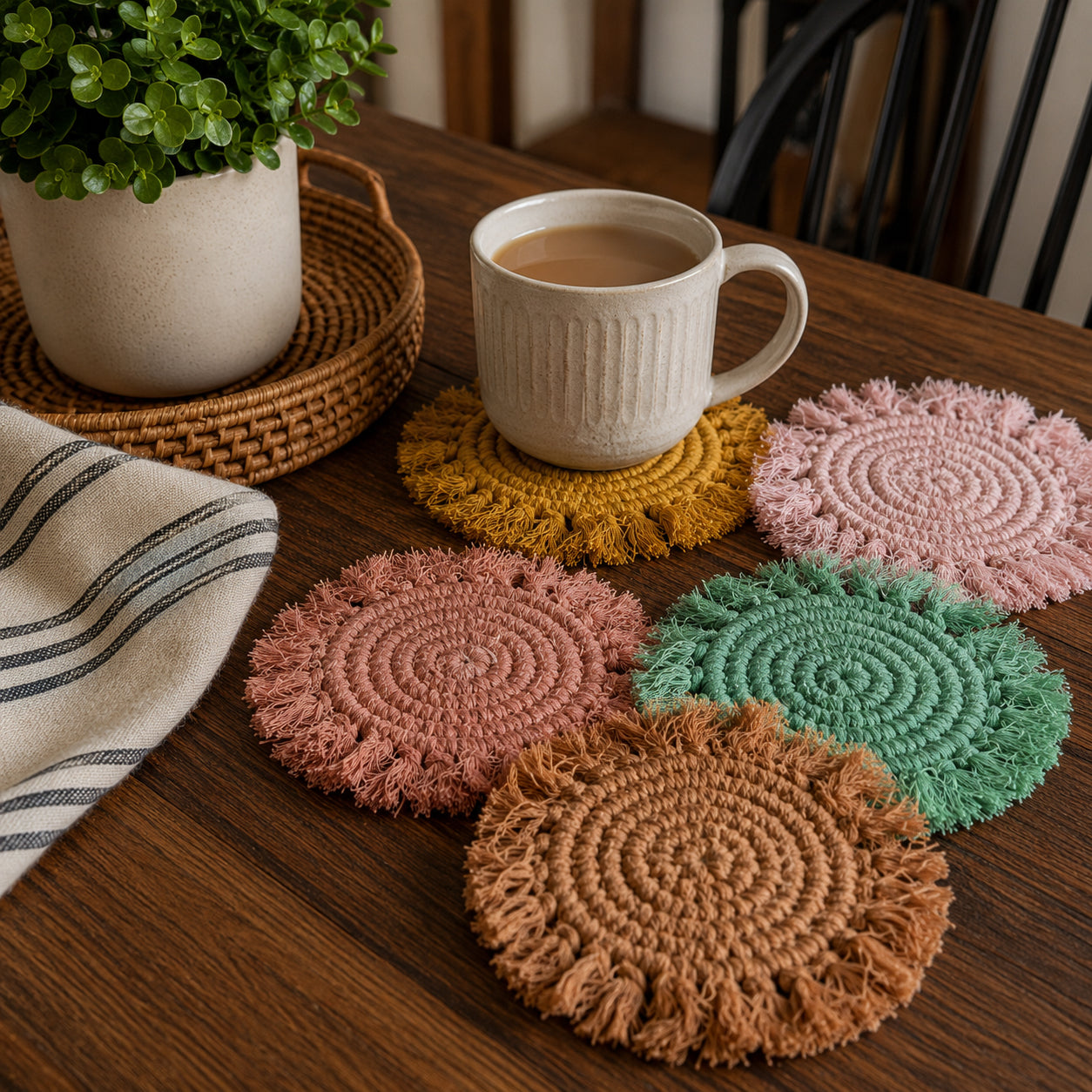 Sous-verres tressés à pompons pastel