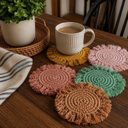 Sous-verres tressés à pompons pastel