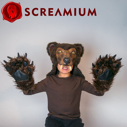 SCREAMIUM Cocaine Bear Costume brown bear mask with clawed furry paw gloves for Halloween on Tampa Home & Garden Store