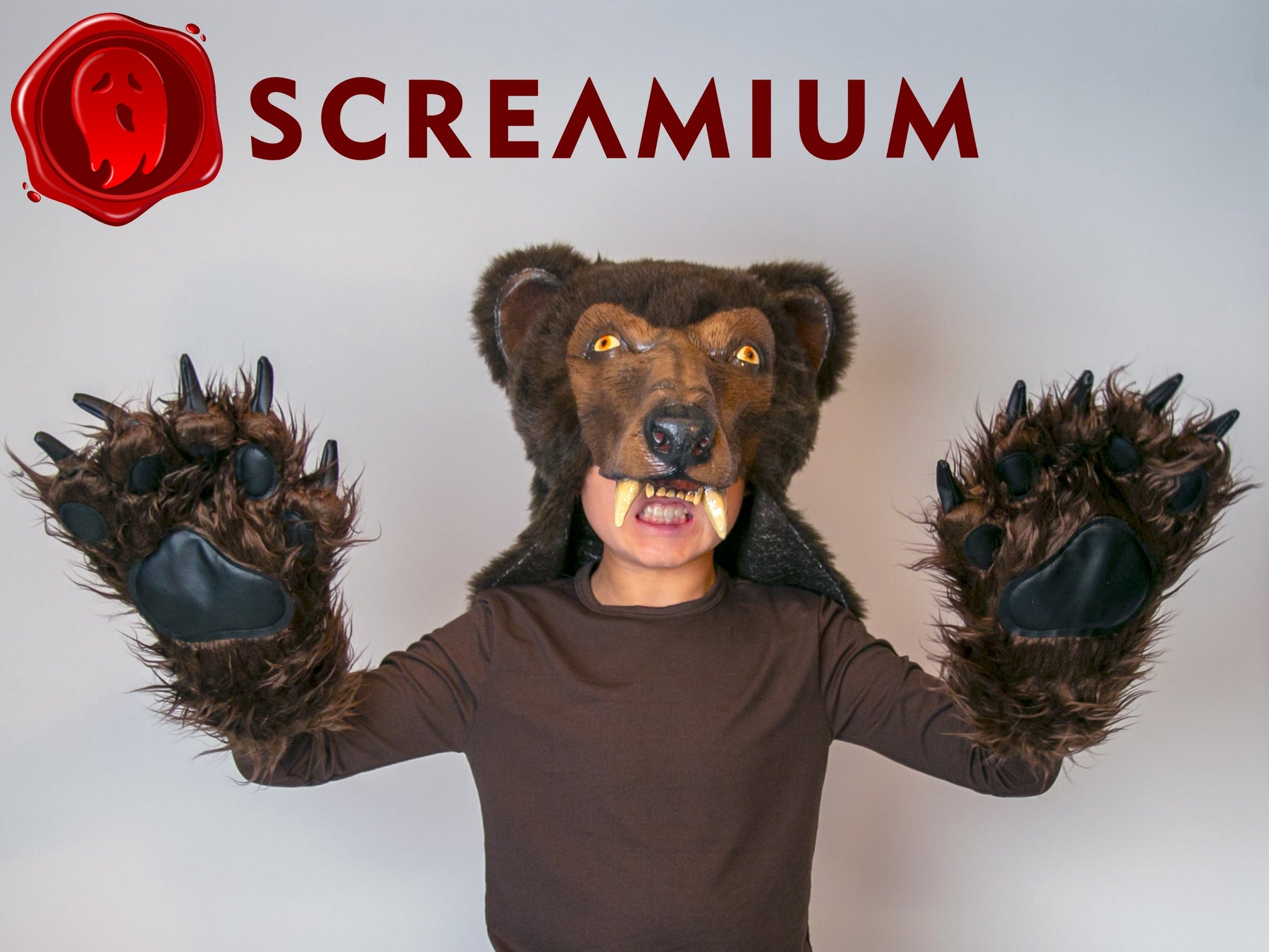 Cocaine Bear Costume brown bear helmet and clawed paws by SCREAMIUM, Halloween mask on Tampa Home & Garden Store