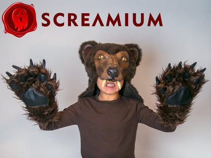 Cocaine Bear Costume brown bear helmet and clawed paws by SCREAMIUM, Halloween mask on Tampa Home & Garden Store