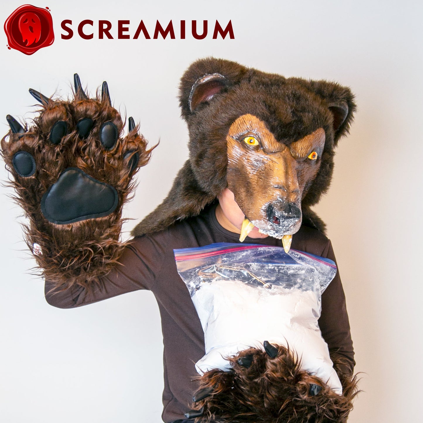 Cocaine Bear Costume - brown bear helmet and paws, SCREAMIUM on Tampa Home & Garden Store