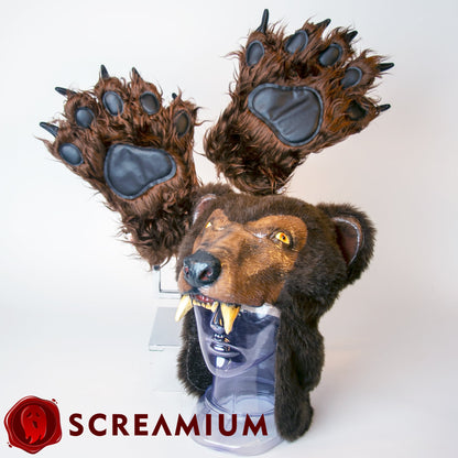 Cocaine Bear Costume brown bear helmet and furry paw gloves SCREAMIUM Halloween mask on Tampa Home & Garden Store