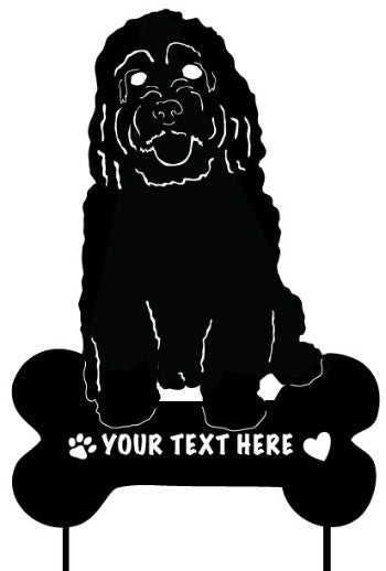 Cockapoo garden stake with black silhouette atop a bone base and text by Rustica Ornamentals on Tampa Home & Garden Store